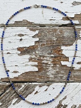 Lapis Blue Tone Beaded Necklace with Matte Gold Tone Beads